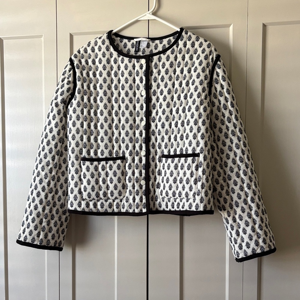 H&M Cream Quilted Jacket with Black Trim